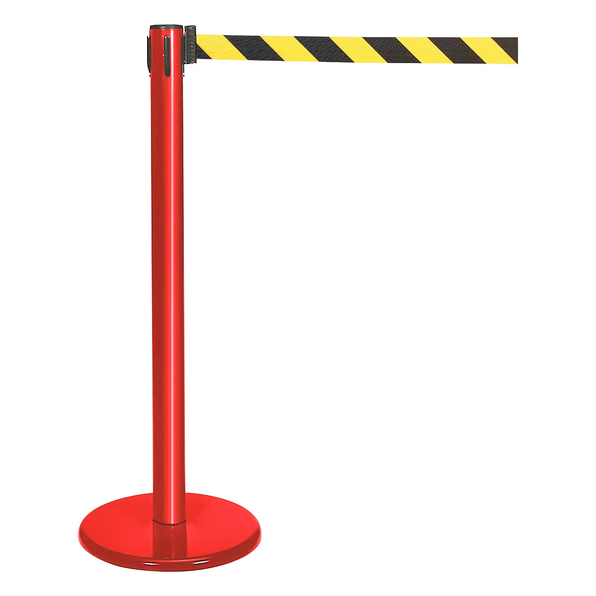 Red stanchion with yellow and black striped retractable belt.