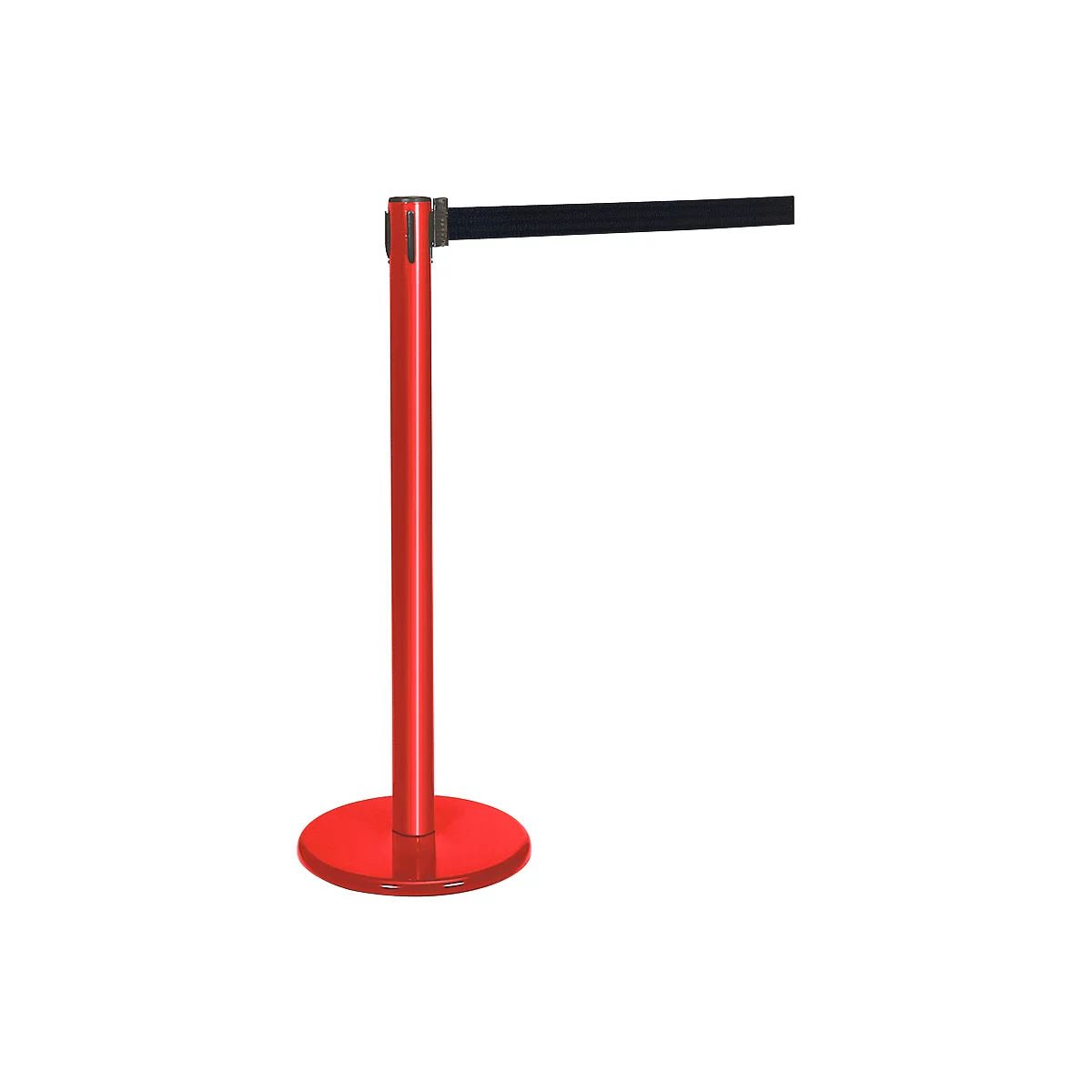 Red stanchion with black belt, isolated on white background.