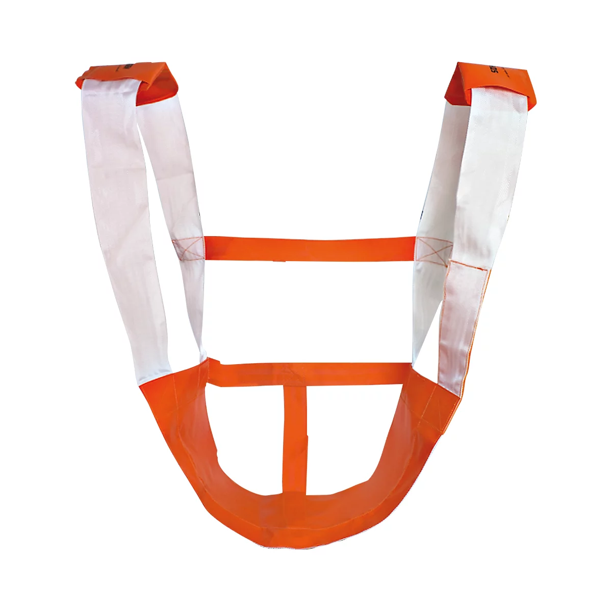 Een tilhulp bestaande uit witte en oranje textielbanden. Het heeft een U-vorm.