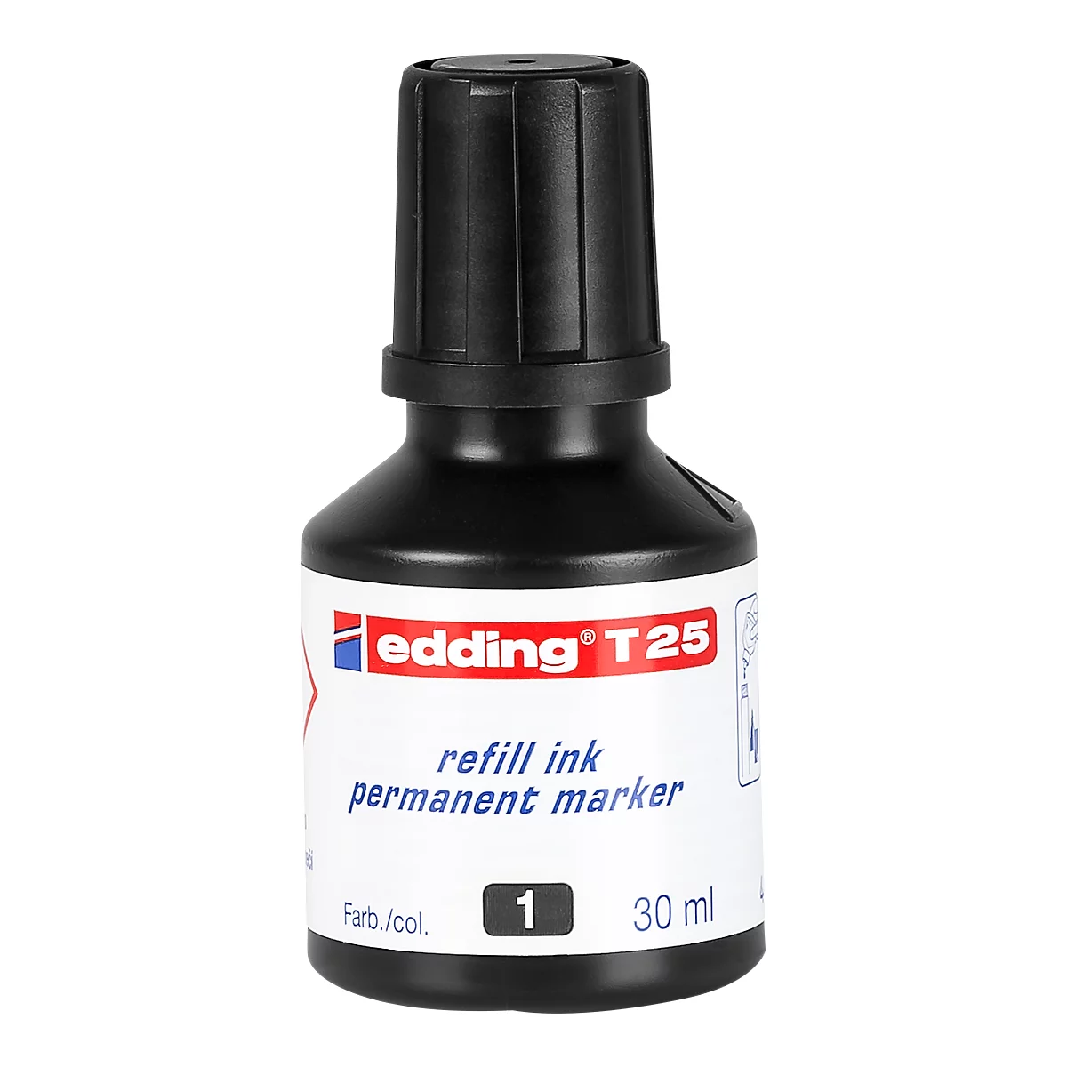 Black ink bottle with red "edding T25" logo, below "refill ink permanent marker", indicating 30 ml.