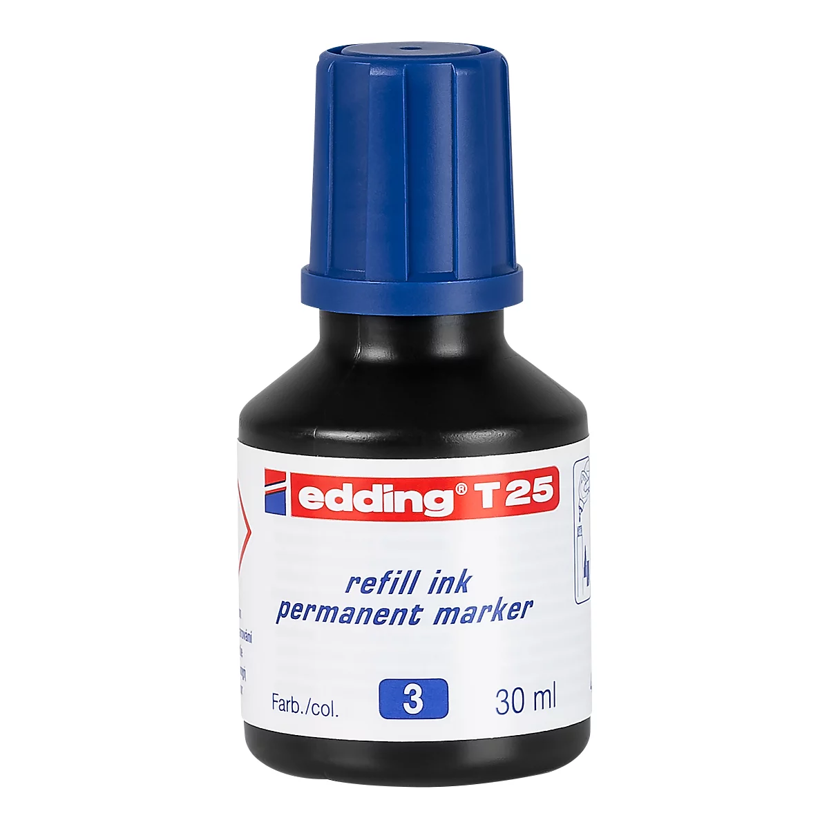 Blue Edding T25 ink bottle with black ink, label with refill ink permanent marker 30 ml, 3.