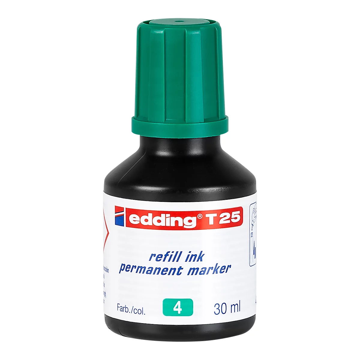An ink bottle with a green cap, labeled "edding T25." Below reads "refill ink permanent marker" and the number 4.