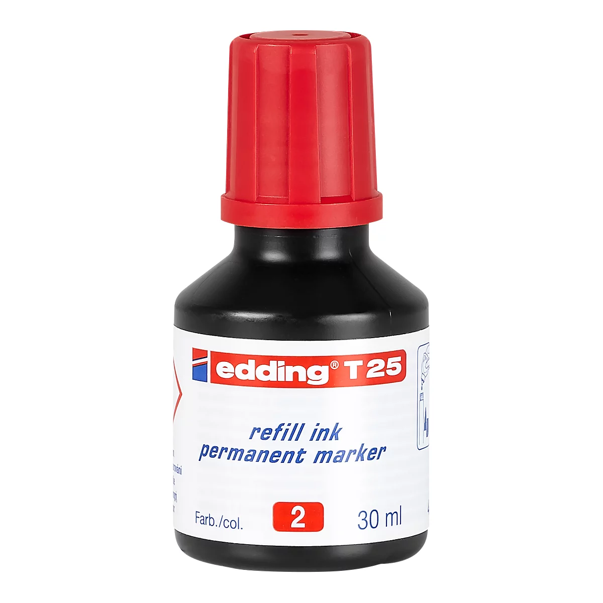 Black ink bottle with red cap. Inscription: Edding T25, refill ink, permanent marker. Color number 2, 30 ml.