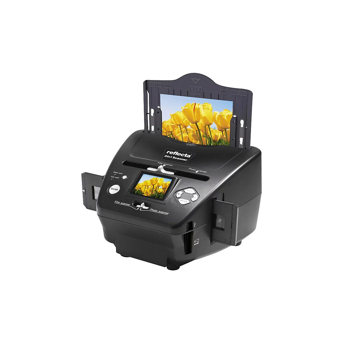 Schwarzer Reflecta 3in1-Scanner mit eingelegtem Foto von gelben Tulpen auf weißem Hintergrund.