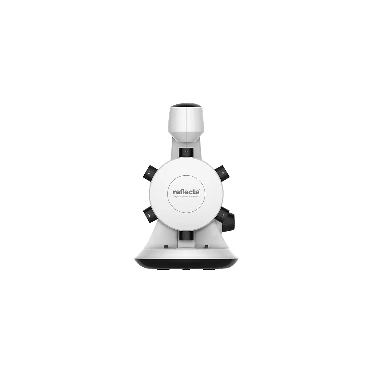 Reflecta DigiMicroscope Vario in Weiß mit sechs Objektiven an einem runden Revolver vor neutralem Hintergrund.