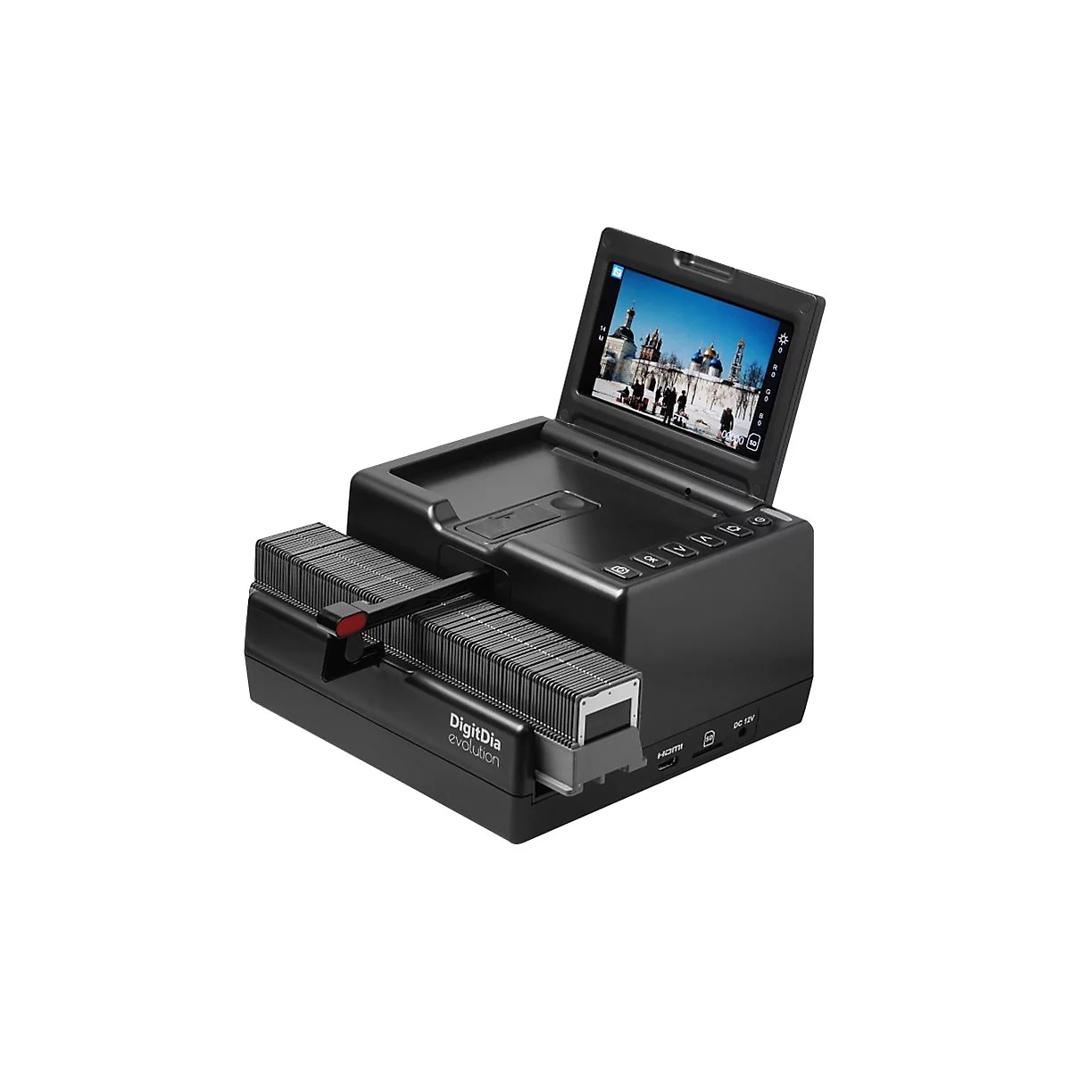 Schwarzer DigitDia evolution Dia-Scanner mit aufgeklapptem Display, das ein historisches Gebäude zeigt.