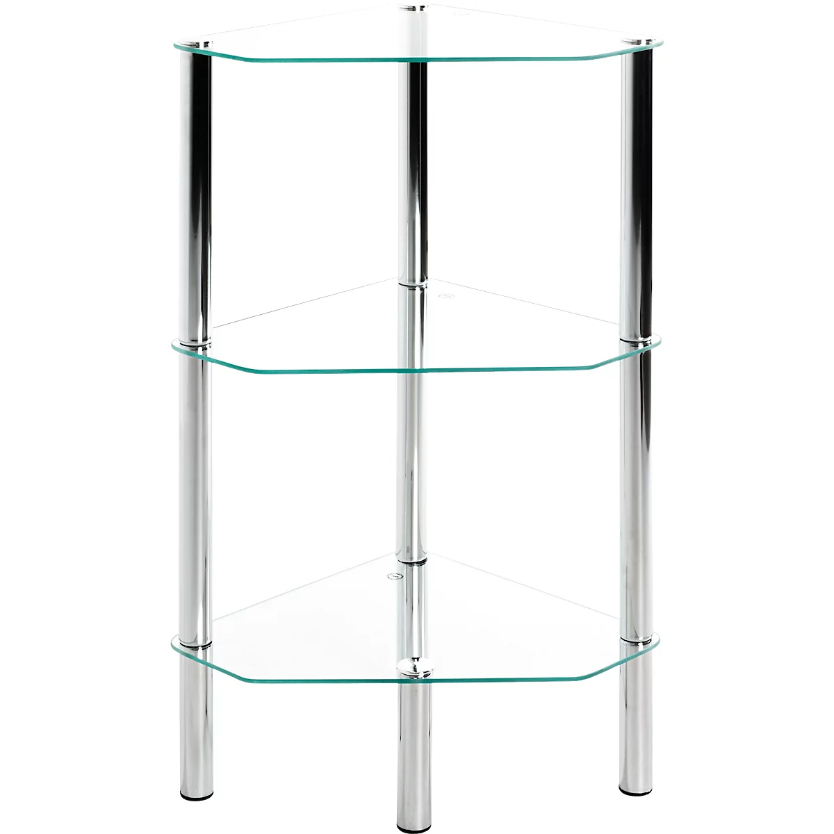 Eckregal mit drei Glasböden, chromfarbenen Säulen. Die Böden sind dreieckig, das Regal hat einen minimalistischen Look.