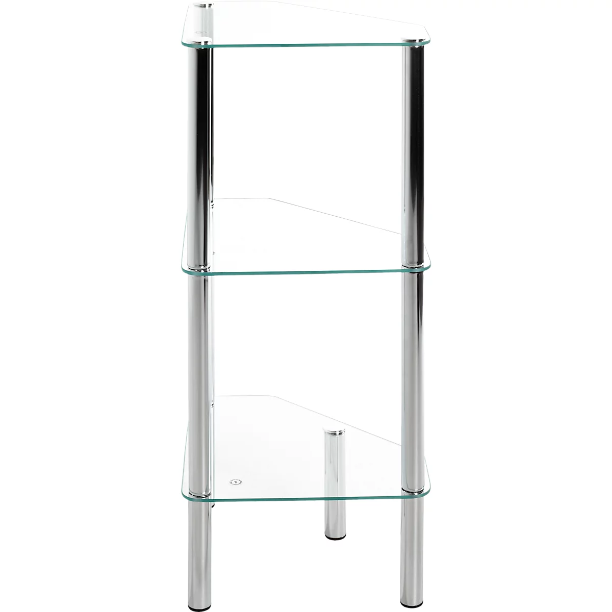 Eckregal aus Glas und Chrom, dreistöckig.