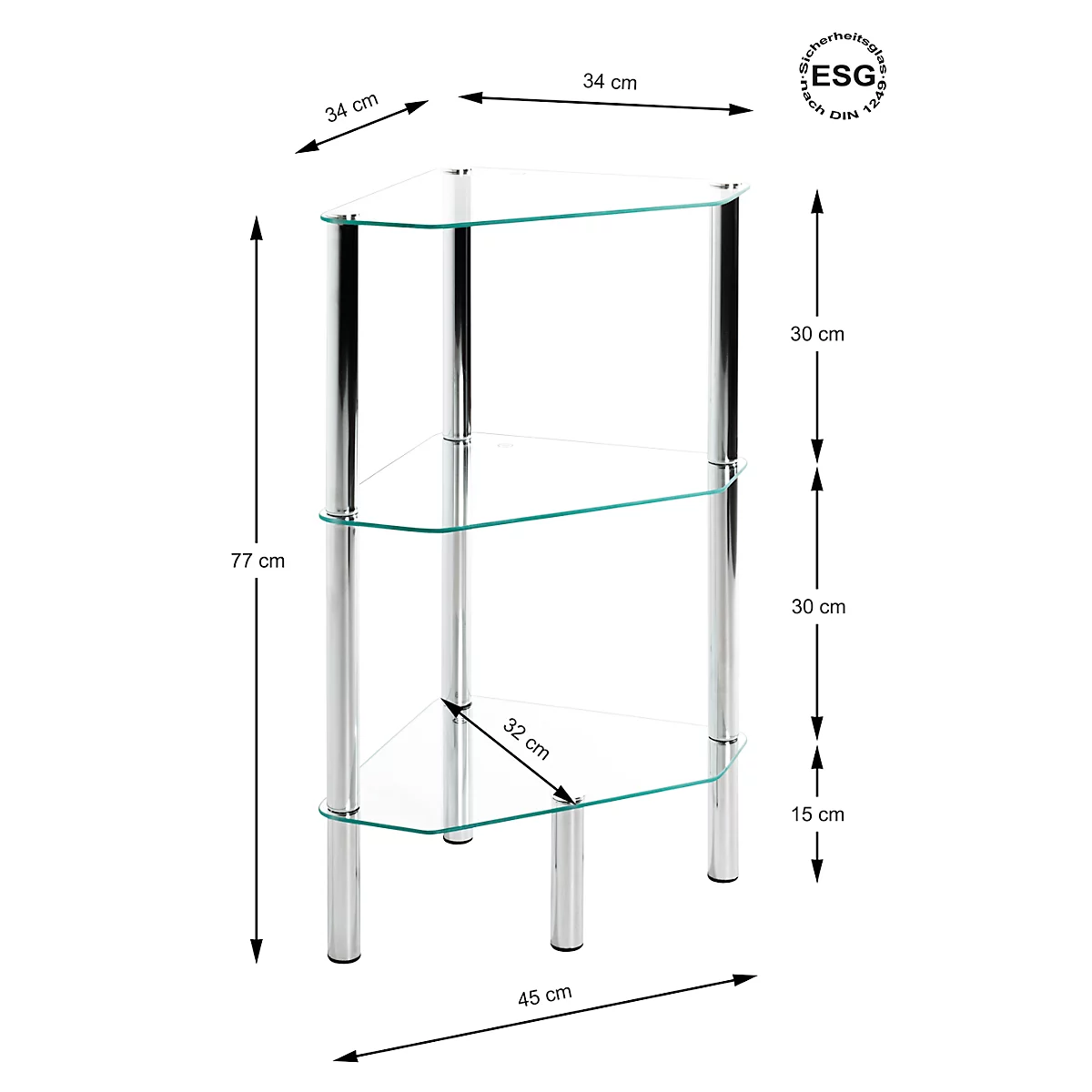 Dreieckiges Regal mit drei Glasböden, Chromgestell, Bemaßung. Maße: 77 cm hoch, 45 cm breit, 34 cm tief. ESG-Zertifizierung.