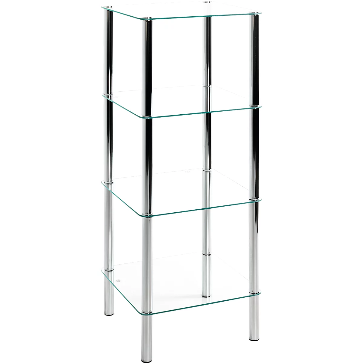 Glasregal mit drei Glasböden und Metallstützen. Quadratische Form, neutraler Hintergrund.