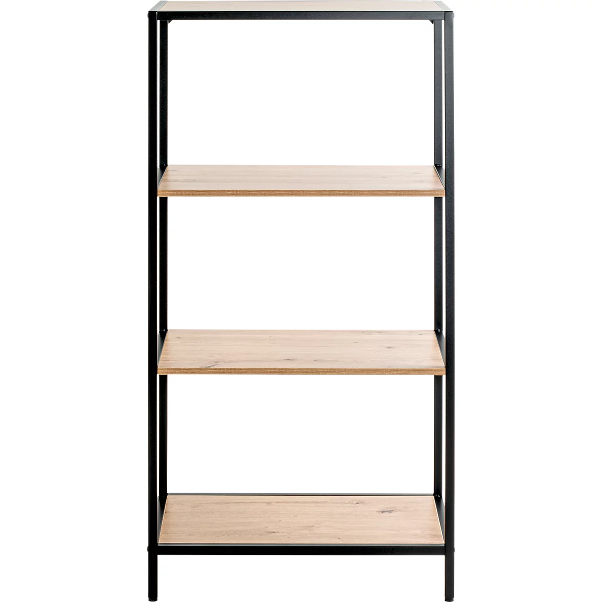 Schwarzes Bücherregal mit drei Ablagen aus Holzimitat.