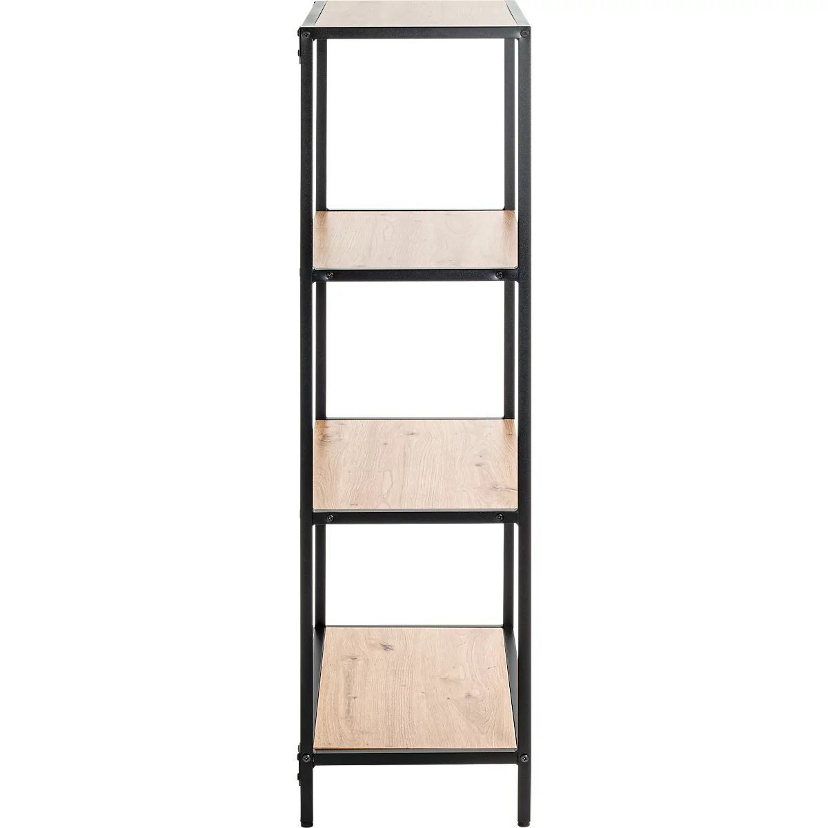 Schwarzes Metallregal mit vier hellen Holzregalen. Die Struktur ist minimalistisch und offen gestaltet.