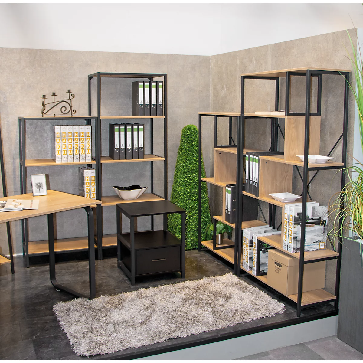 Büro-Szene mit Regalen, Schreibtisch, schwarzem Tisch, grauem Teppich und Pflanzen. Die Regale sind mit Aktenordnern und Deko gefüllt.
