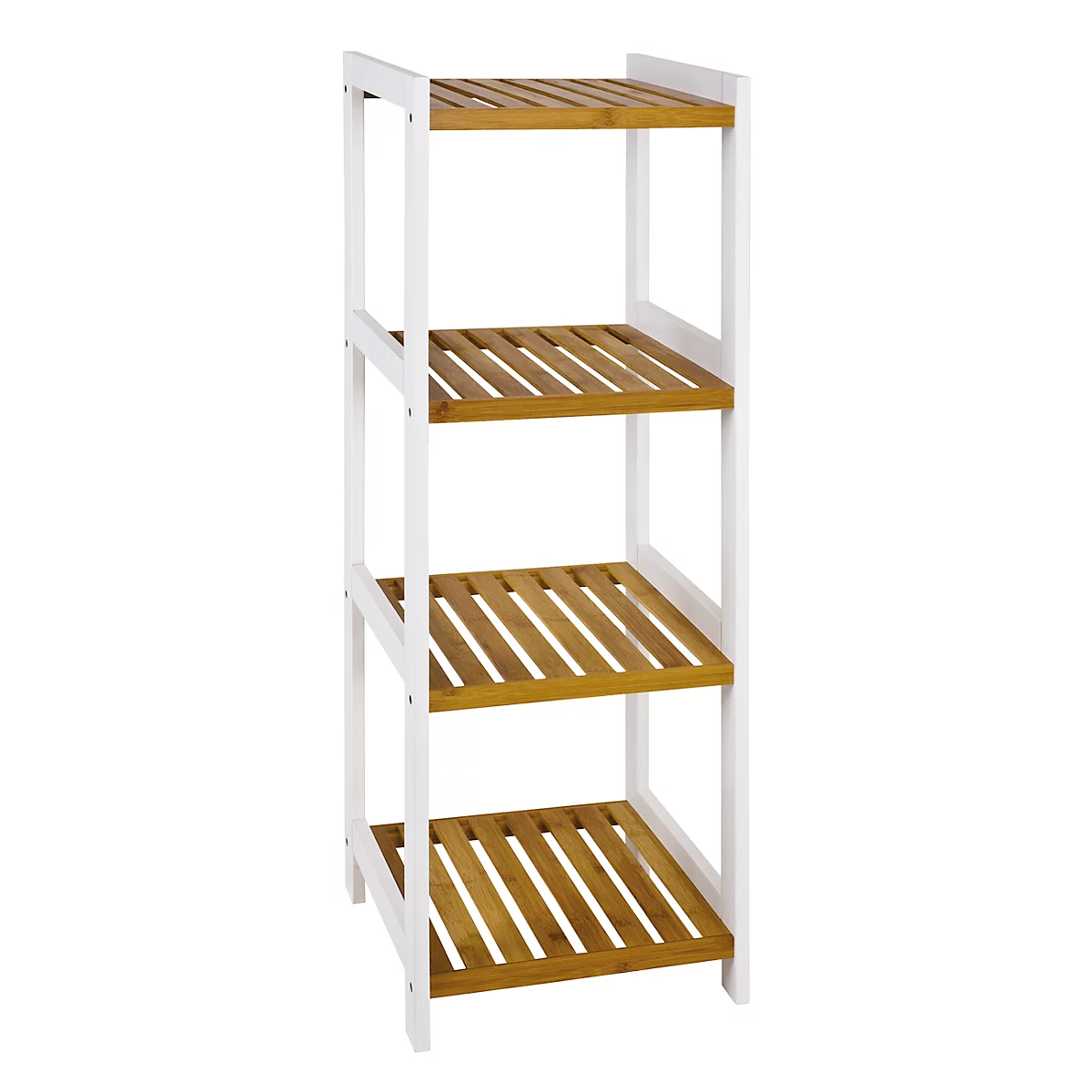 Regal mit vier Ablagen, weißes Gestell und Holzregale. Die Ablagen sind mit Holzleisten versehen.