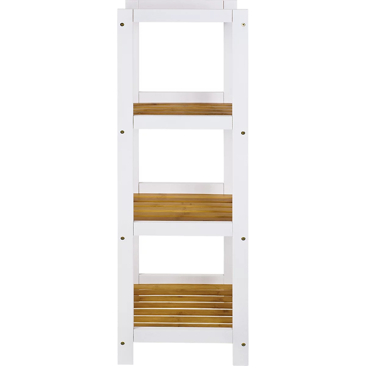 Weißes Regal mit drei braunen Ablagen. Das Regal ist aus Holz gefertigt und an den Ecken verschraubt.