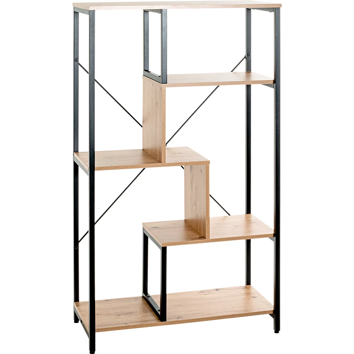 Ein Bücherregal mit schwarzen Metallrahmen und Holzregalen. Das Regal hat ein modernes, geometrisches Design mit verschiedenen Ebenen.