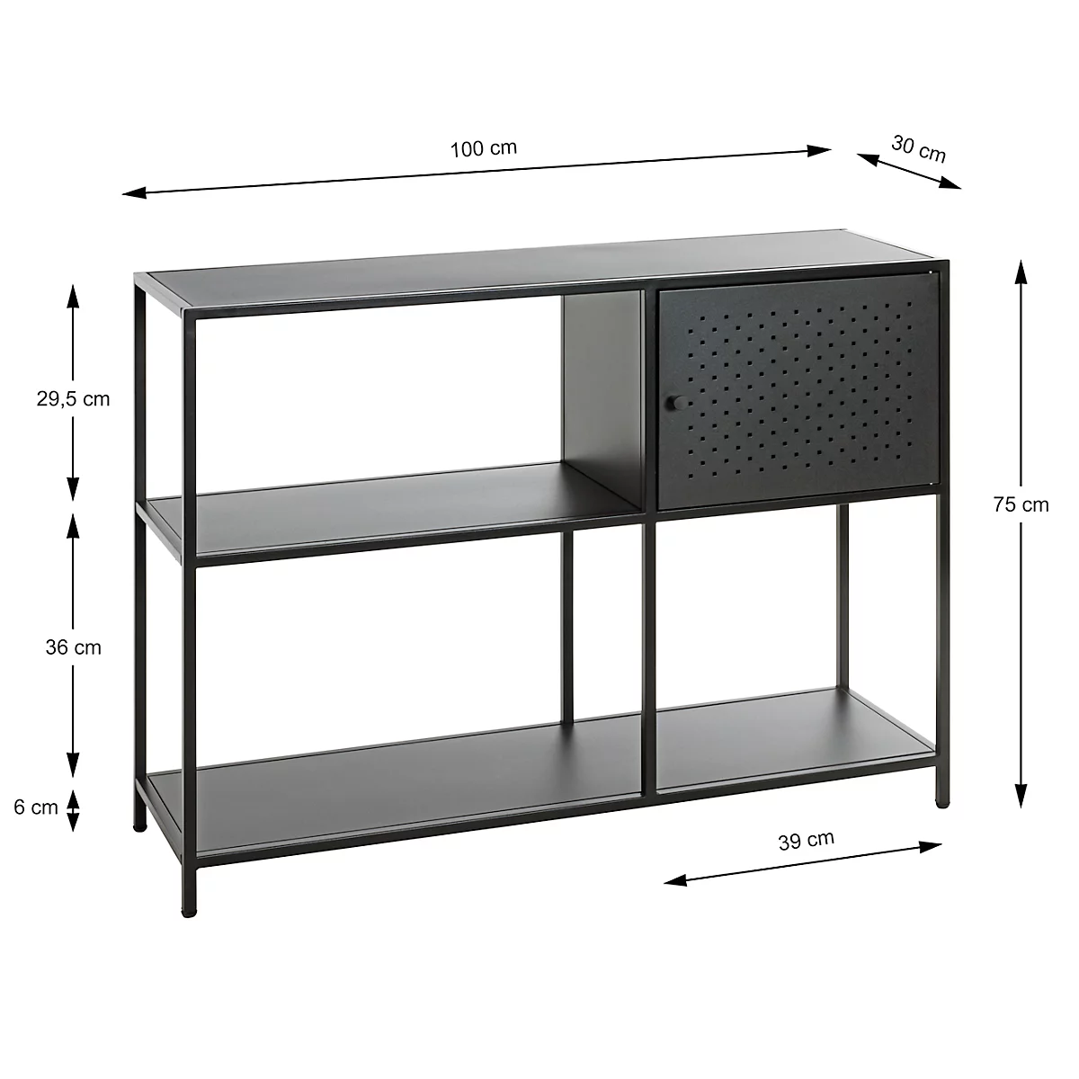 Schwarzes Regal mit Regalböden und Schranktür mit Lochmuster. Abmessungen: 100x30x75cm.
