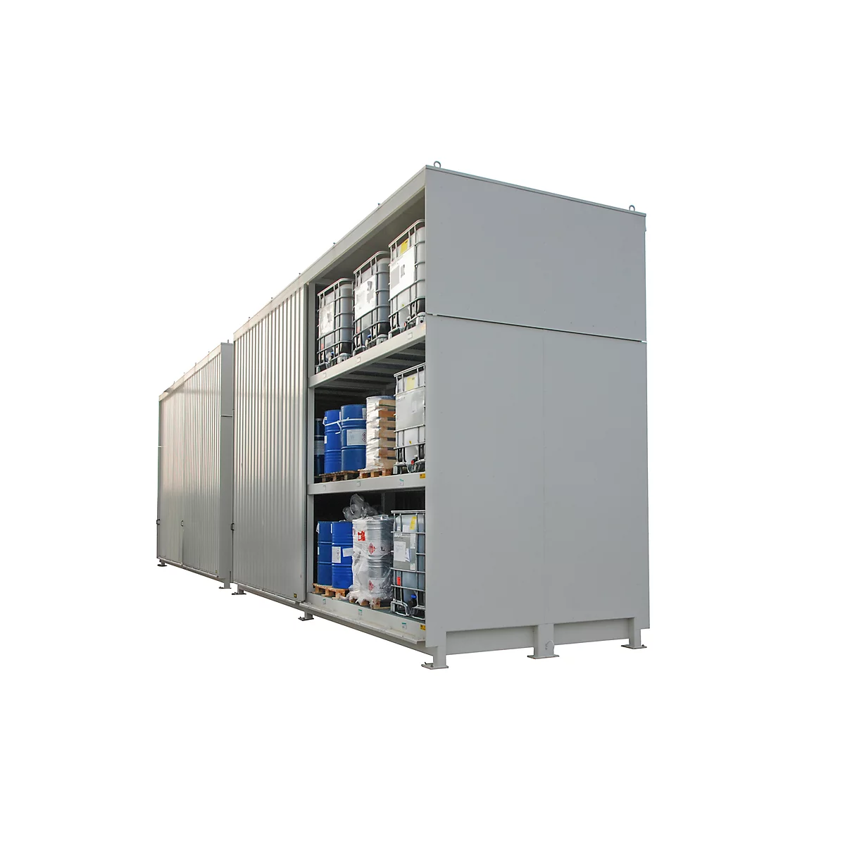 Regalcontainer BAUER CEN 65-3b IBC, Stahl, Schiebetor, B 7170 x T 2900 x H 4945 mm, grau