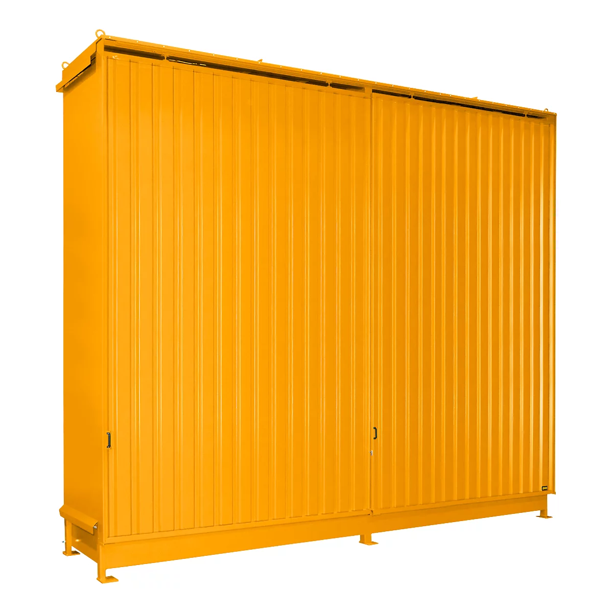 Regalcontainer Bauer Typ CEN 59-3 IBC, 3 Fachebenen, Schiebetor, 2000 l, B 6540 x T 1600 x H 5015 mm, gelborange RAL 2000