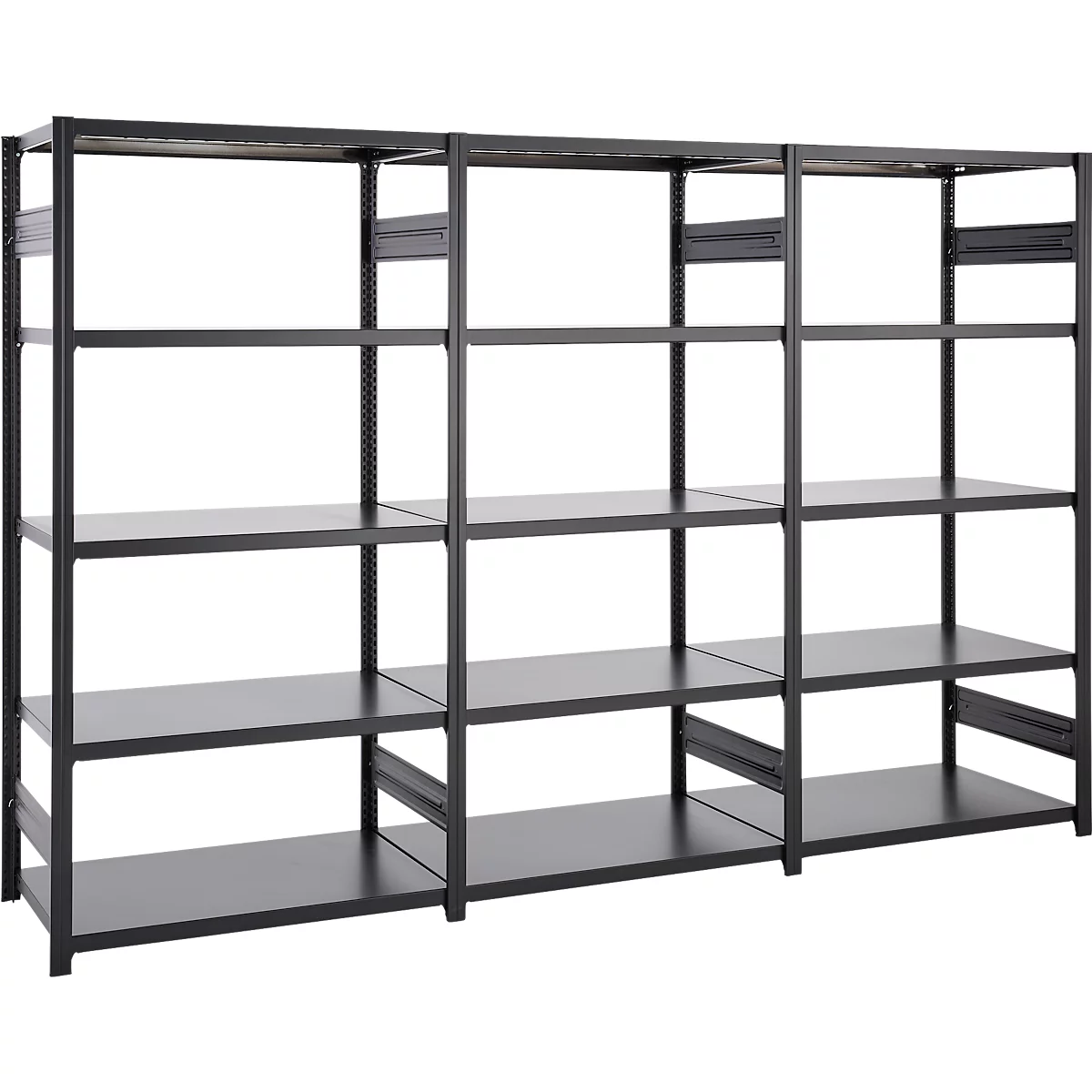 Schwarzes, freistehendes Regalsystem mit mehreren Ebenen. Es ist aus Metall gefertigt und hat eine rechteckige Form.