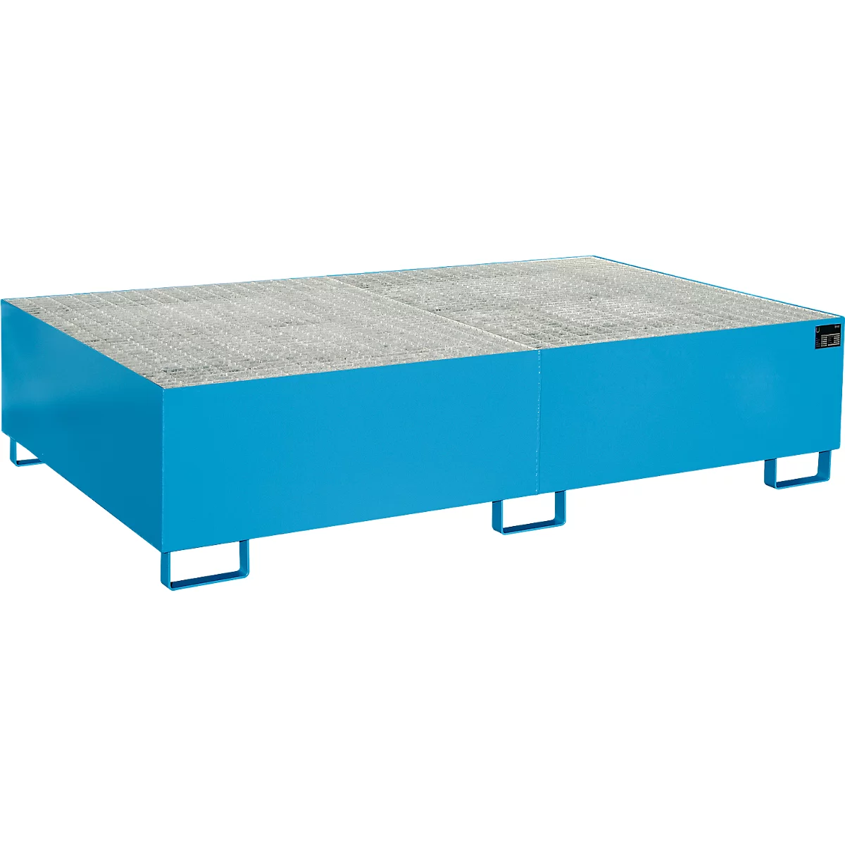 Blaue, flache Metallplattform mit rutschfester grauer Oberfläche auf Metallfüssen vor weissem Hintergrund.