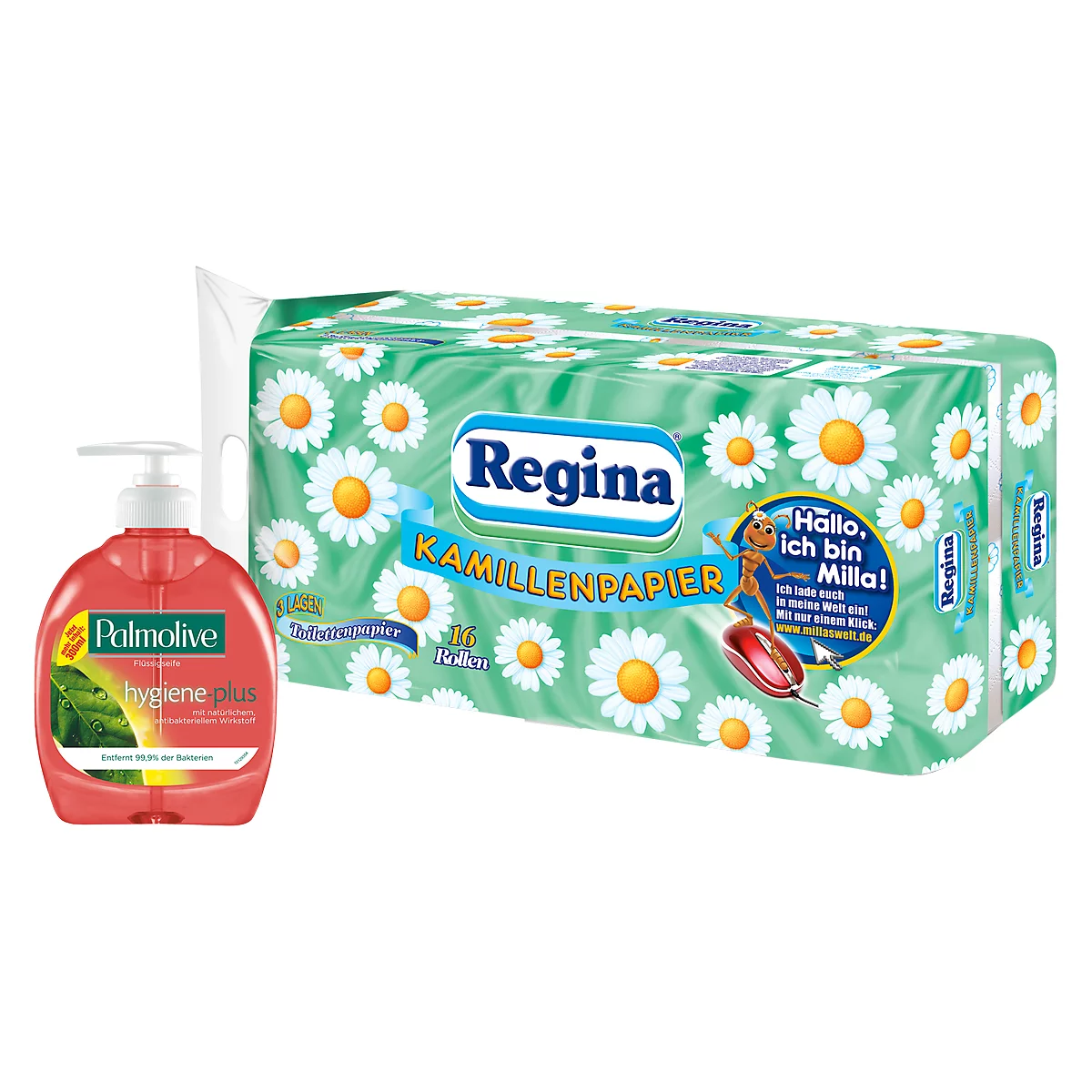 Regina toiletpapier 16 rollen met 150 vellen, 3-laags + Palmolive vloeibare zeep GRATIS