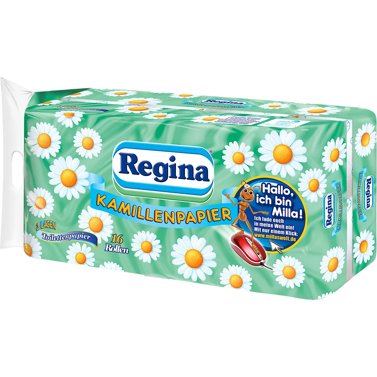 Packung Taschentücher mit Gänseblümchenmuster. Aufdruck: "Regina Kamillenpapier". Werbung für "Milla".
