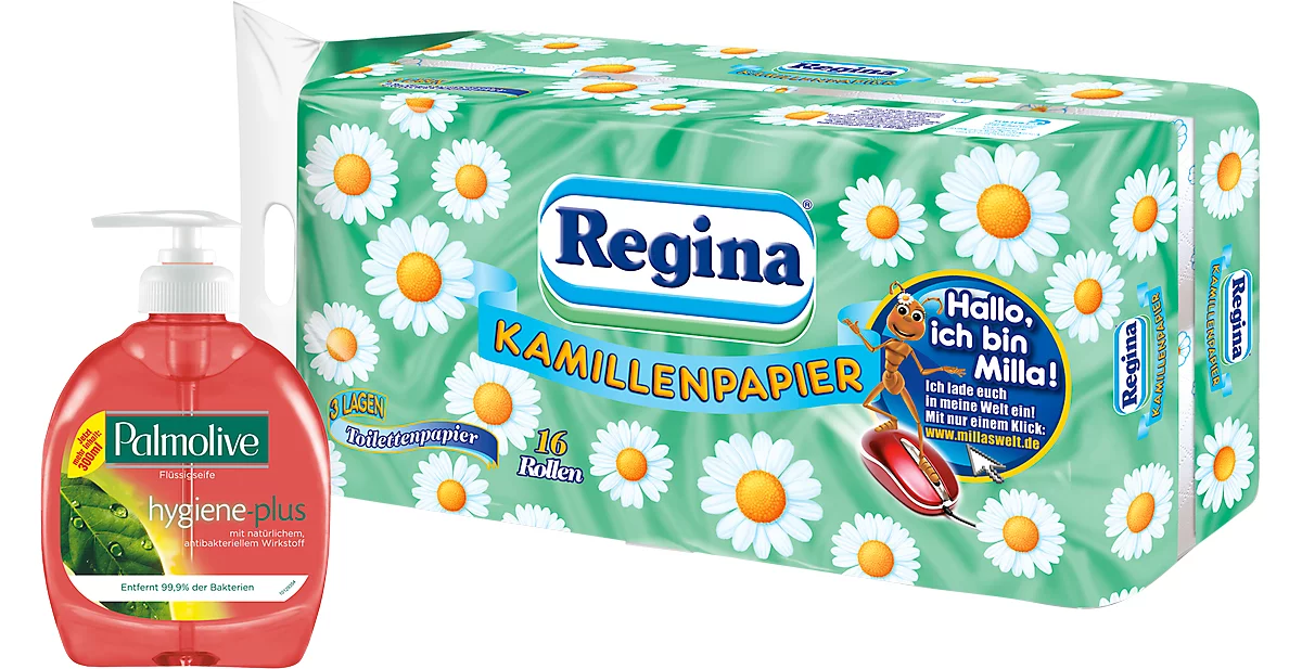 Regina Toilettenpapier 16 Rollen á 150 Blatt, 3-lagig + Palmolive Flüssigseife GRATIS