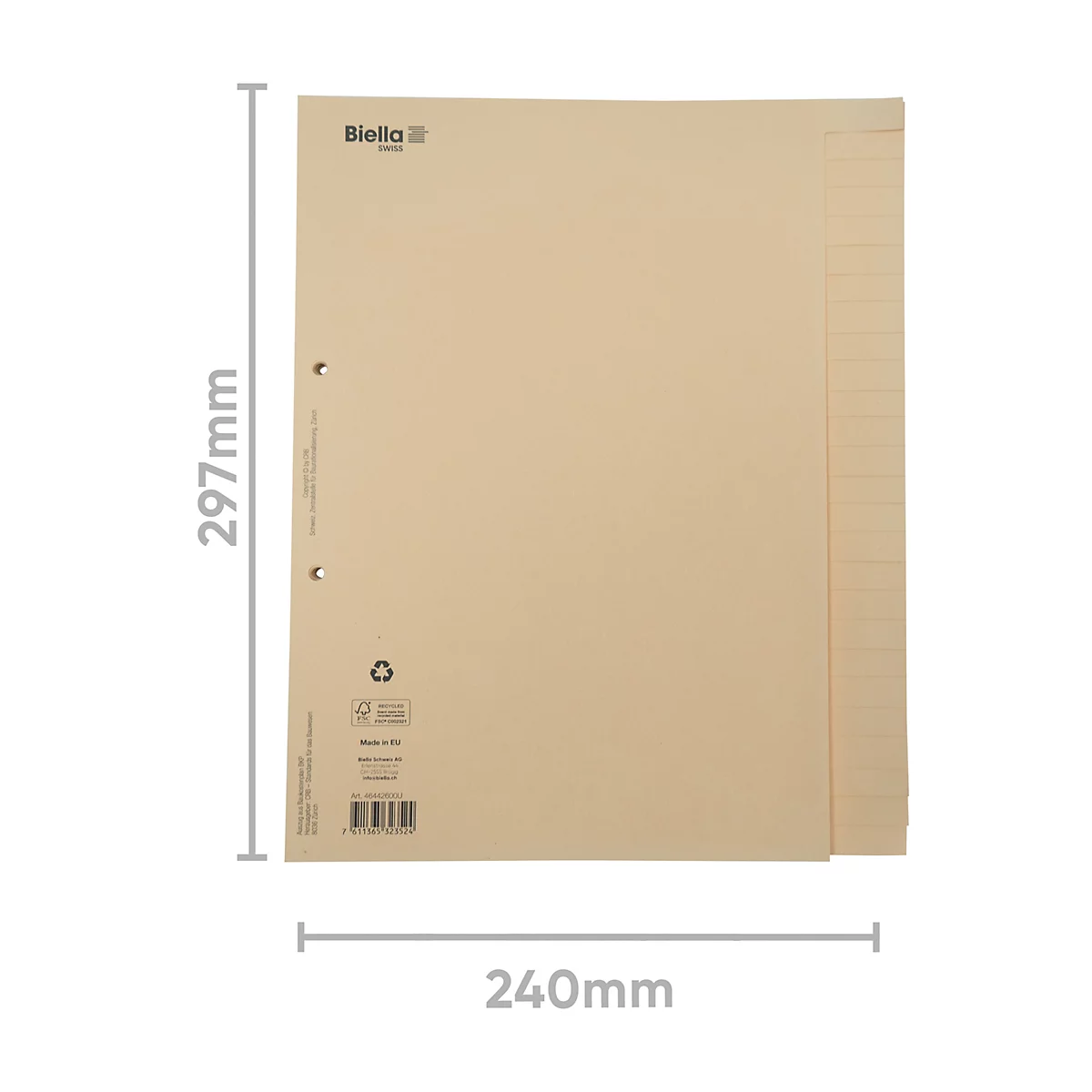 Beigefarbene Papiermappe im A4-Format. Links sind Lochungen, rechts Register. Oben links: 'Biella'. Unten: Angaben zur Recyclingfähigkeit.