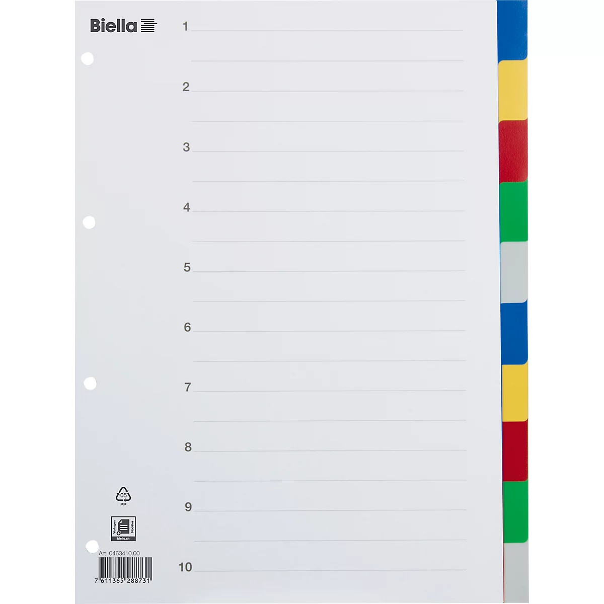 Register Biella, für DIN A4, 10-teilig, blanko, mit Indexblatt, L 320 x B 250 x H 1,8 mm, Polypropylen, farbig