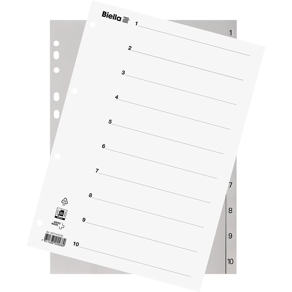 Register Biella, für DIN A4, 10-teilig, numerisch 1-10, nummerierte Taben, Universallochung, Indexdruck, L 297 x B 225 mm, Polypropylen, grau