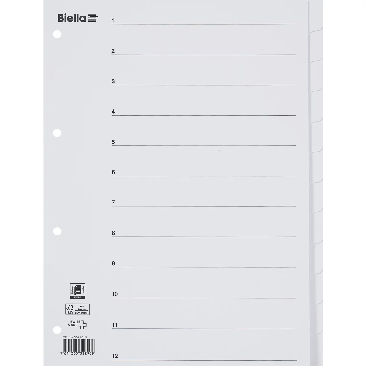 Register Biella, für DIN A4, 12-teilig, numerisch 1-12, blanko Taben, 4-fach-Lochung, Indexdruck, L 297 x B 225 mm, Karton, weiss