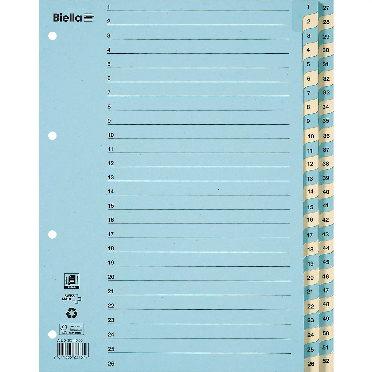 Register Biella, für DIN A4, numerisch 1-52, 2-Reihen, L 315 x B 245 x H 14 mm, Karton, farbig