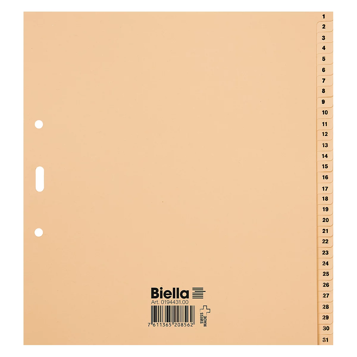 Register Biella, für DIN A4, teildeckend, 31-teilig, numerisch 1-31, L 255 x B 245 x H 4 mm, Papier, hellbraun
