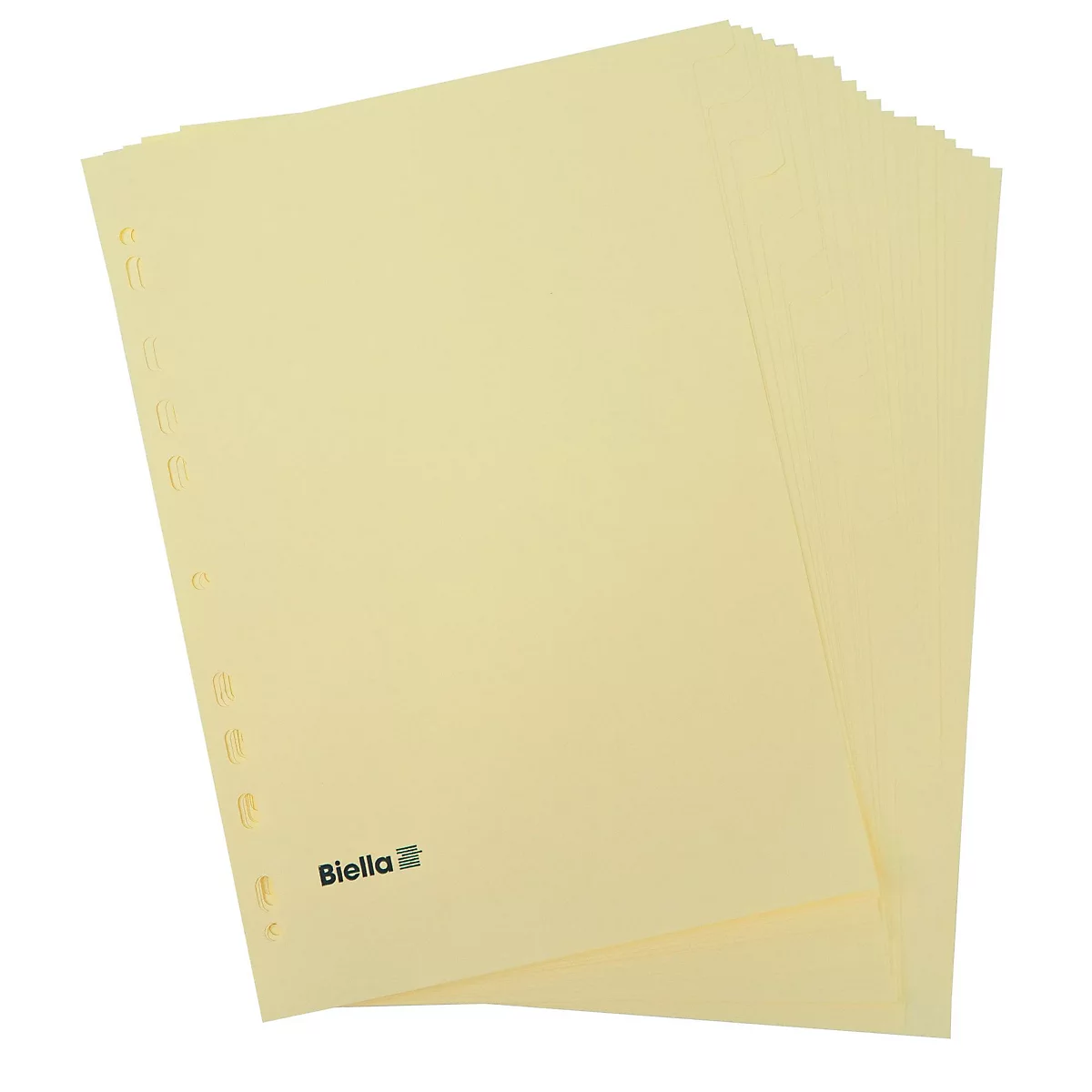 Hellgelbes Papier in einem Stapel, mit Löchern am Rand. Auf einem Blatt steht 'Biella'.