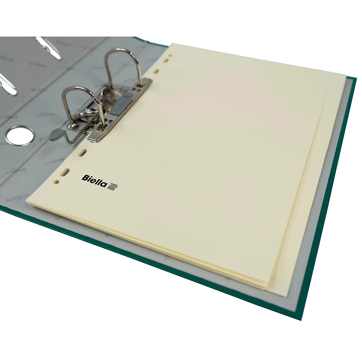 Grüner Ordner mit silbernen Ringen und cremefarbenen Blättern. Die Marke Biella ist zu sehen.