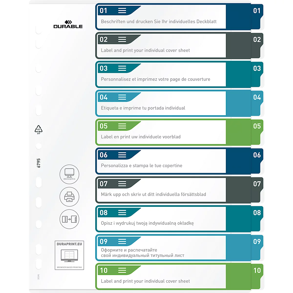 Register Durable, 10-teilig, DIN A4+, Indexblatt, EDV-beschriftbares Register, mit farbigen Taben