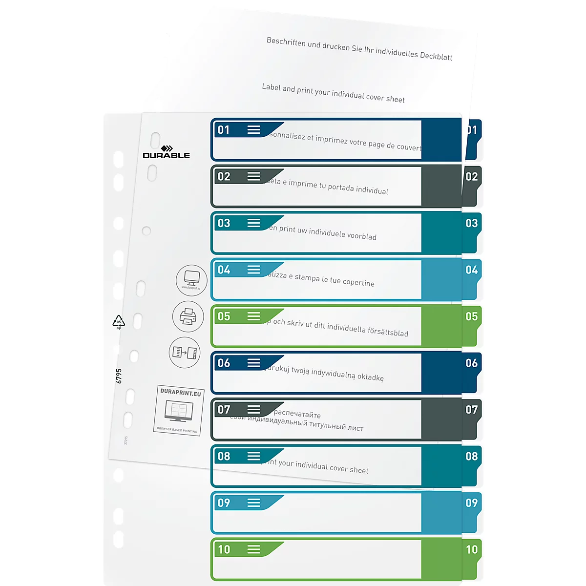 Register Durable, 10-teilig, DIN A4+, Indexblatt, EDV-beschriftbares Register, mit farbigen Taben