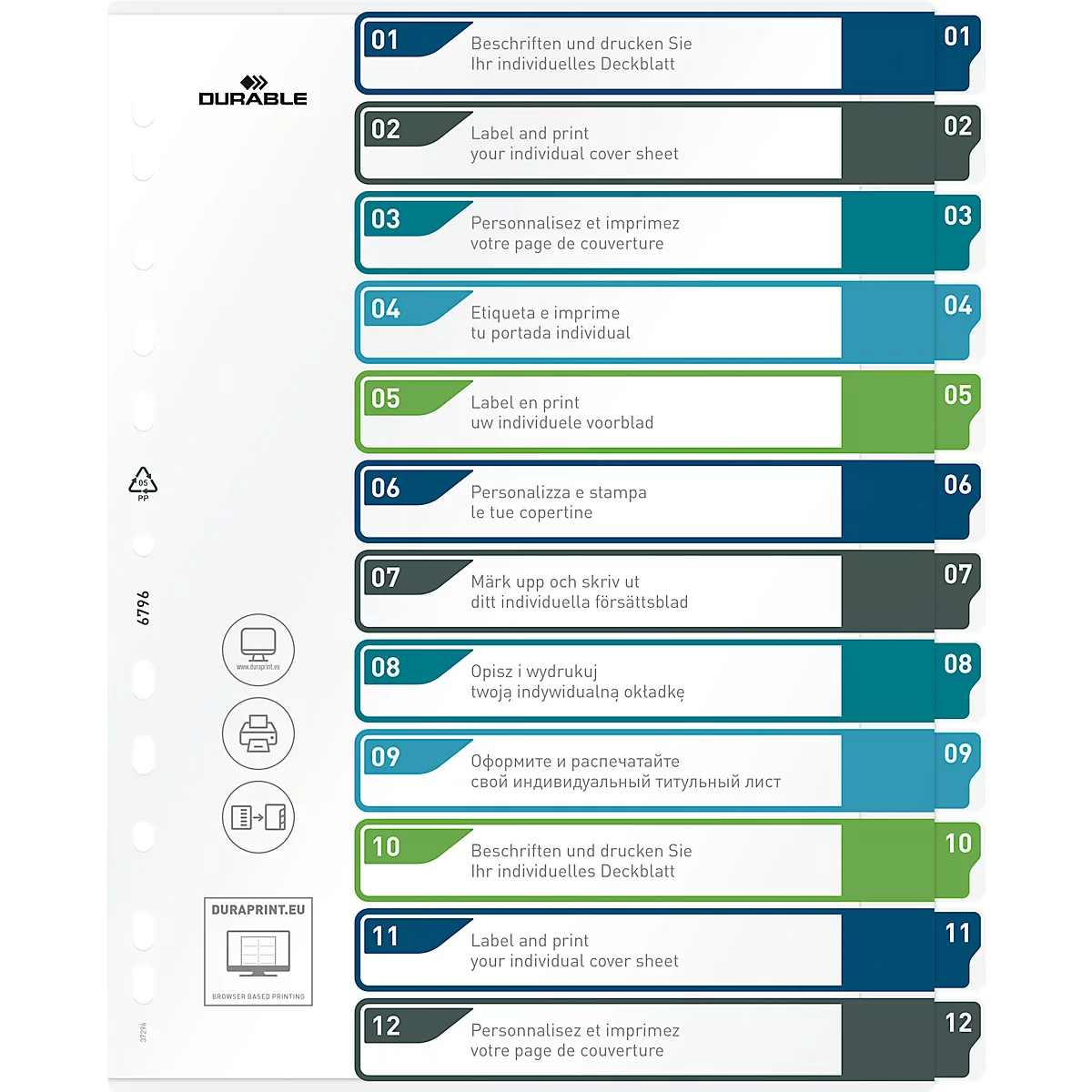 Register Durable, 12-teilig, DIN A4+, Indexblatt, EDV-beschriftbares Register, mit farbigen Taben