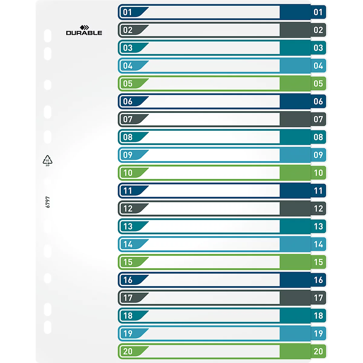 Register Durable, 20-teilig, DIN A4+, Indexblatt, EDV-beschriftbares Register, mit farbigen Taben