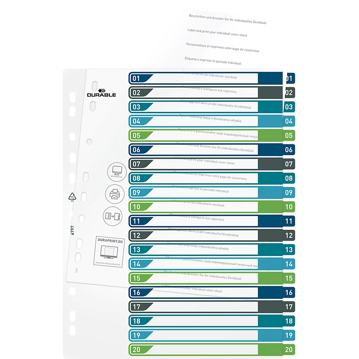 Register Durable, 20-teilig, DIN A4+, Indexblatt, EDV-beschriftbares Register, mit farbigen Taben