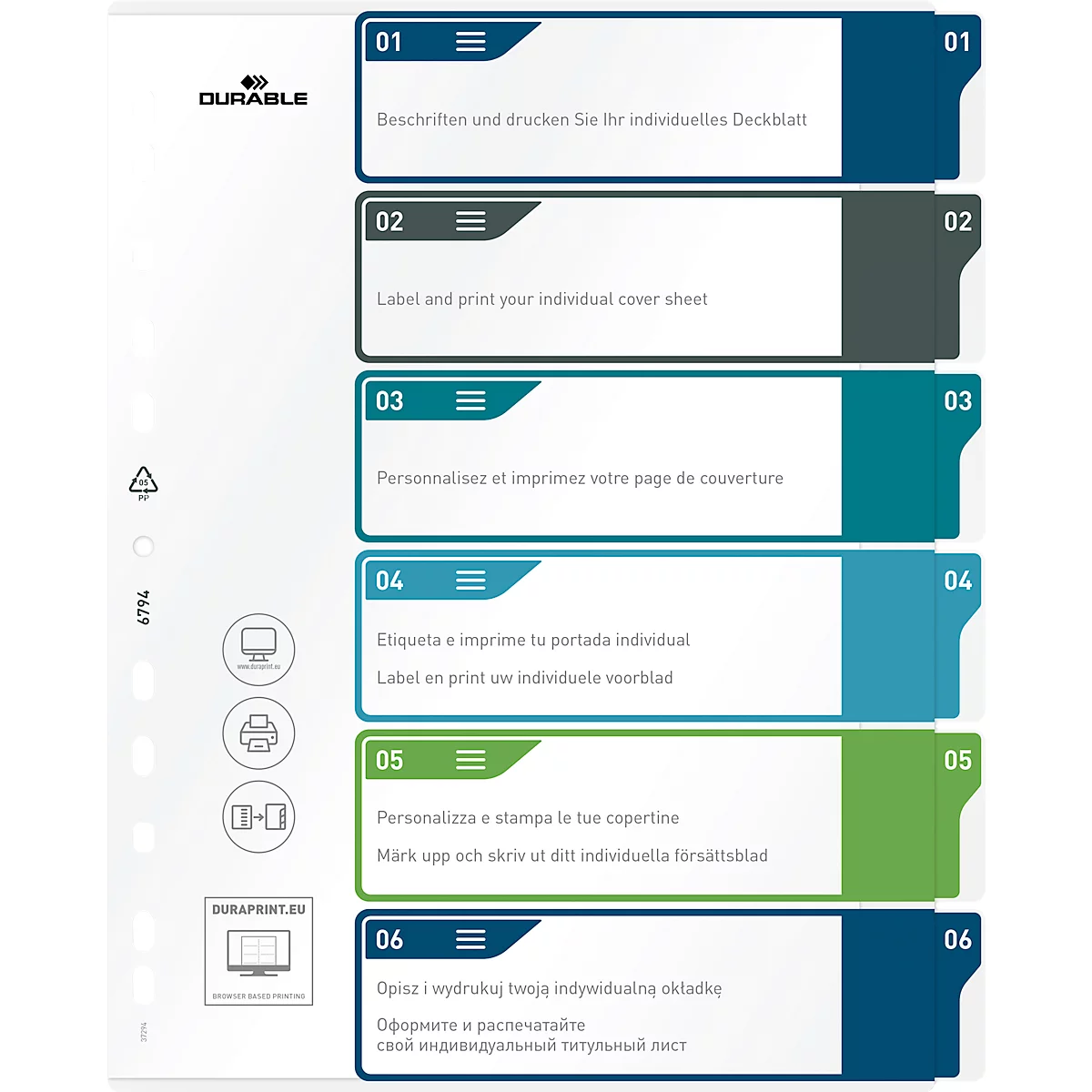 Register Durable, 6-teilig, DIN A4+, Indexblatt, EDV-beschriftbares Register, mit farbigen Taben