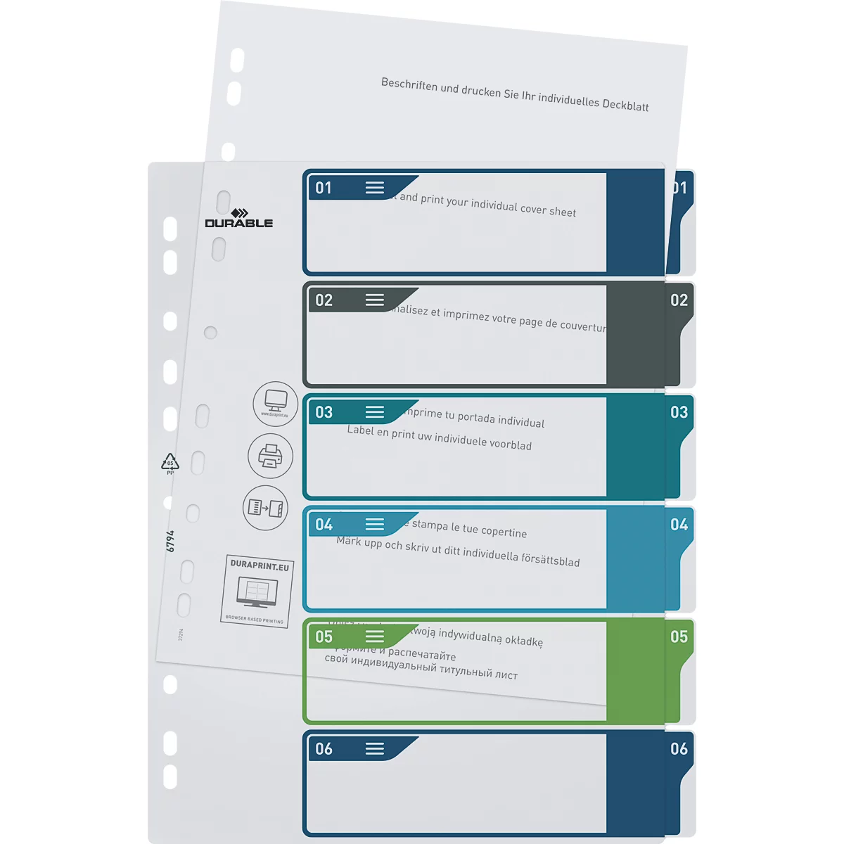 Register Durable, 6-teilig, DIN A4+, Indexblatt, EDV-beschriftbares Register, mit farbigen Taben