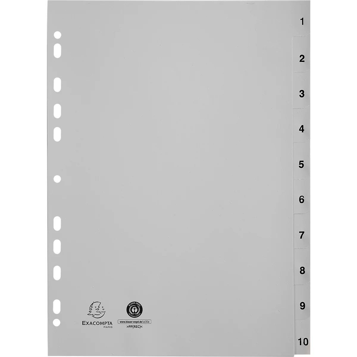 Register Exacompta 1710E, Format A4, Universallochung, Taben 1-10, B 225 x H 297 mm, Blauer Engel, Recycling-Kunststoff, grau