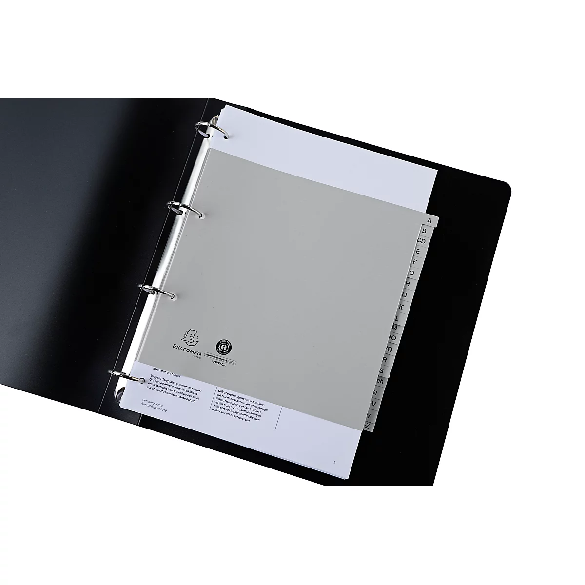 Register Exacompta 1723B, A4 Halbformat, 2-fach-Lochung, Taben A-Z, B 225 x H 210 mm, Blauer Engel, Recycling-Kunststoff, grau