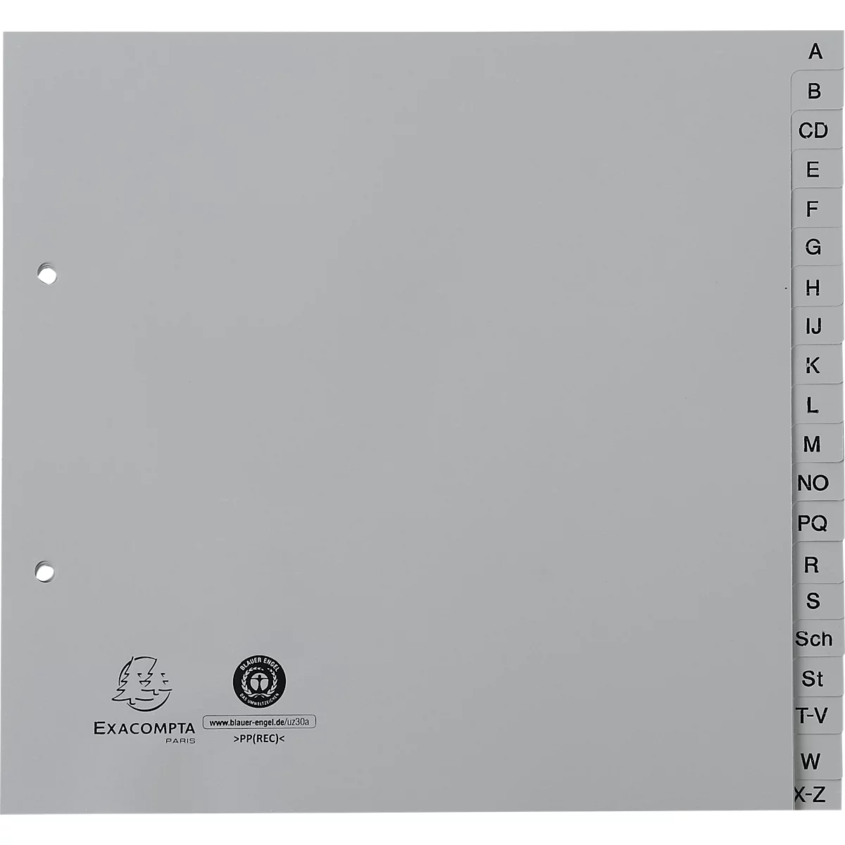 Register Exacompta 1723B, A4 Halbformat, 2-fach-Lochung, Taben A-Z, B 225 x H 210 mm, Blauer Engel, Recycling-Kunststoff, grau