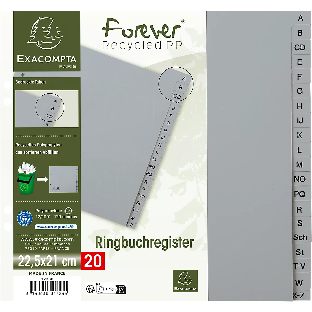 Register Exacompta 1723B, A4 Halbformat, 2-fach-Lochung, Taben A-Z, B 225 x H 210 mm, Blauer Engel, Recycling-Kunststoff, grau