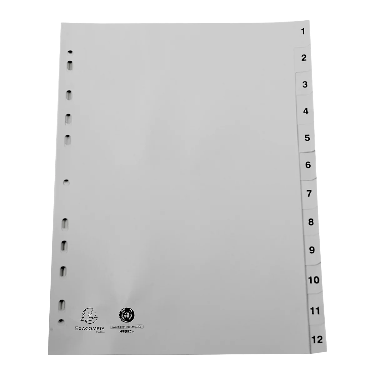 Register Exacompta 1912E, Format A4, Universallochung, Taben 1-12, B 225 x H 297 mm, Blauer Engel, Recycling-Kunststoff, grau