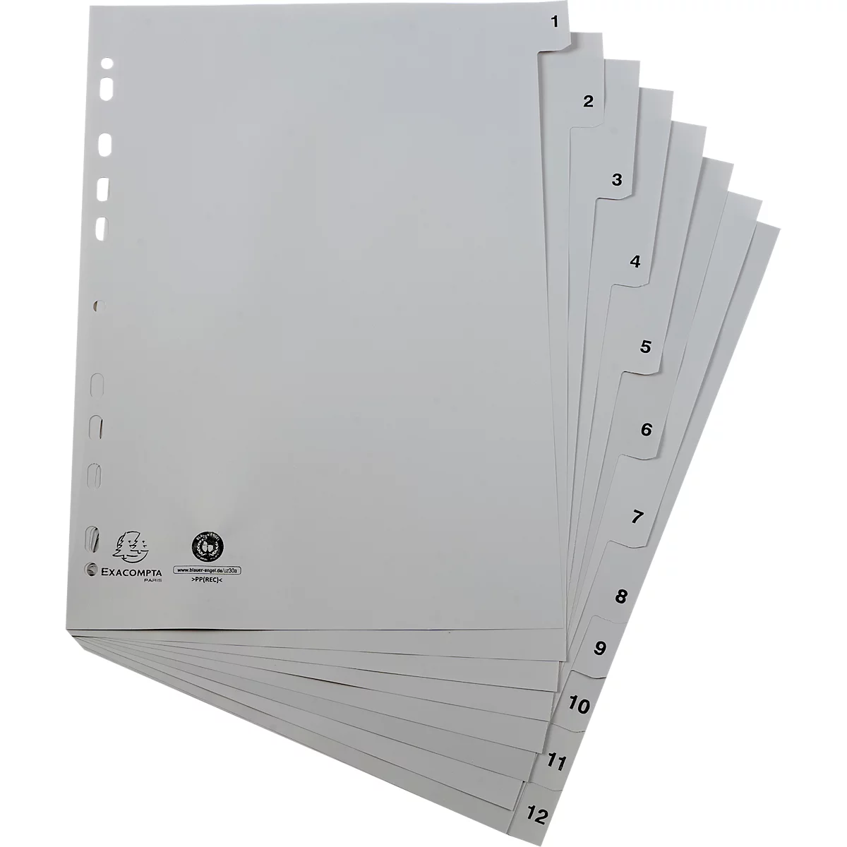 Register Exacompta 1912E, Format A4, Universallochung, Taben 1-12, B 225 x H 297 mm, Blauer Engel, Recycling-Kunststoff, grau