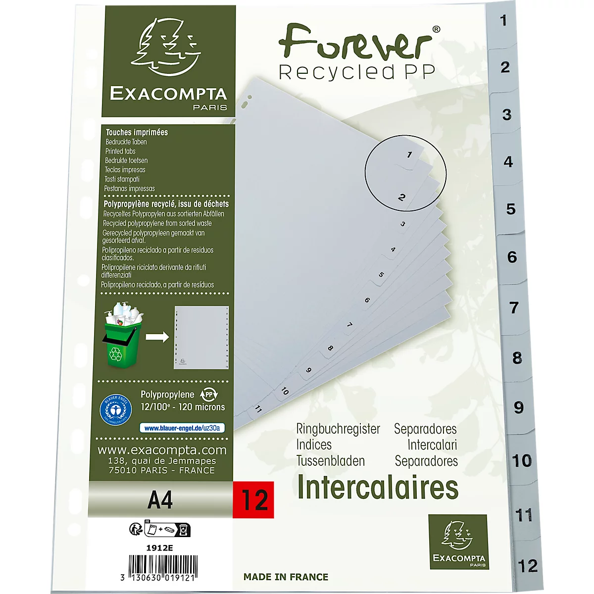 Register Exacompta 1912E, Format A4, Universallochung, Taben 1-12, B 225 x H 297 mm, Blauer Engel, Recycling-Kunststoff, grau